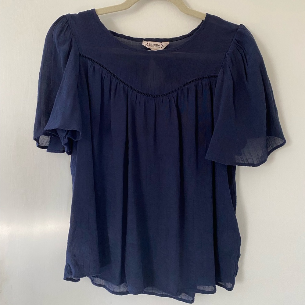Nanette Lepore Navy Blouse Lightweight Flutter Sleeves Medium